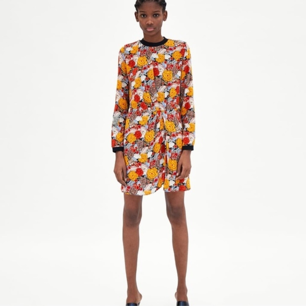 ZARA TRF viscose floral print draped faux wrap dress Sz S